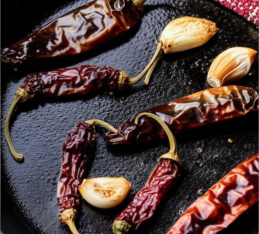 toasting chilies for smoky salsa roja