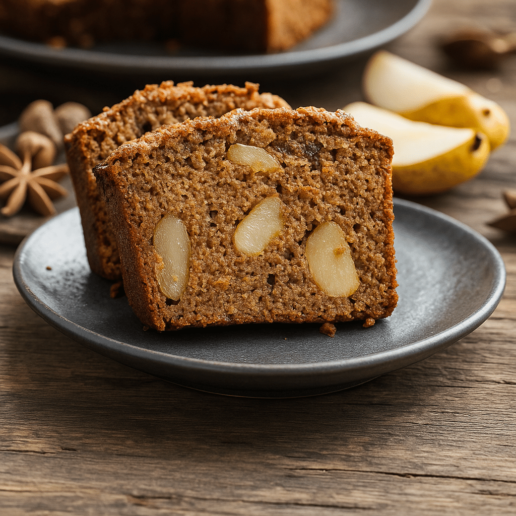 A slice of warm spiced pear bread served