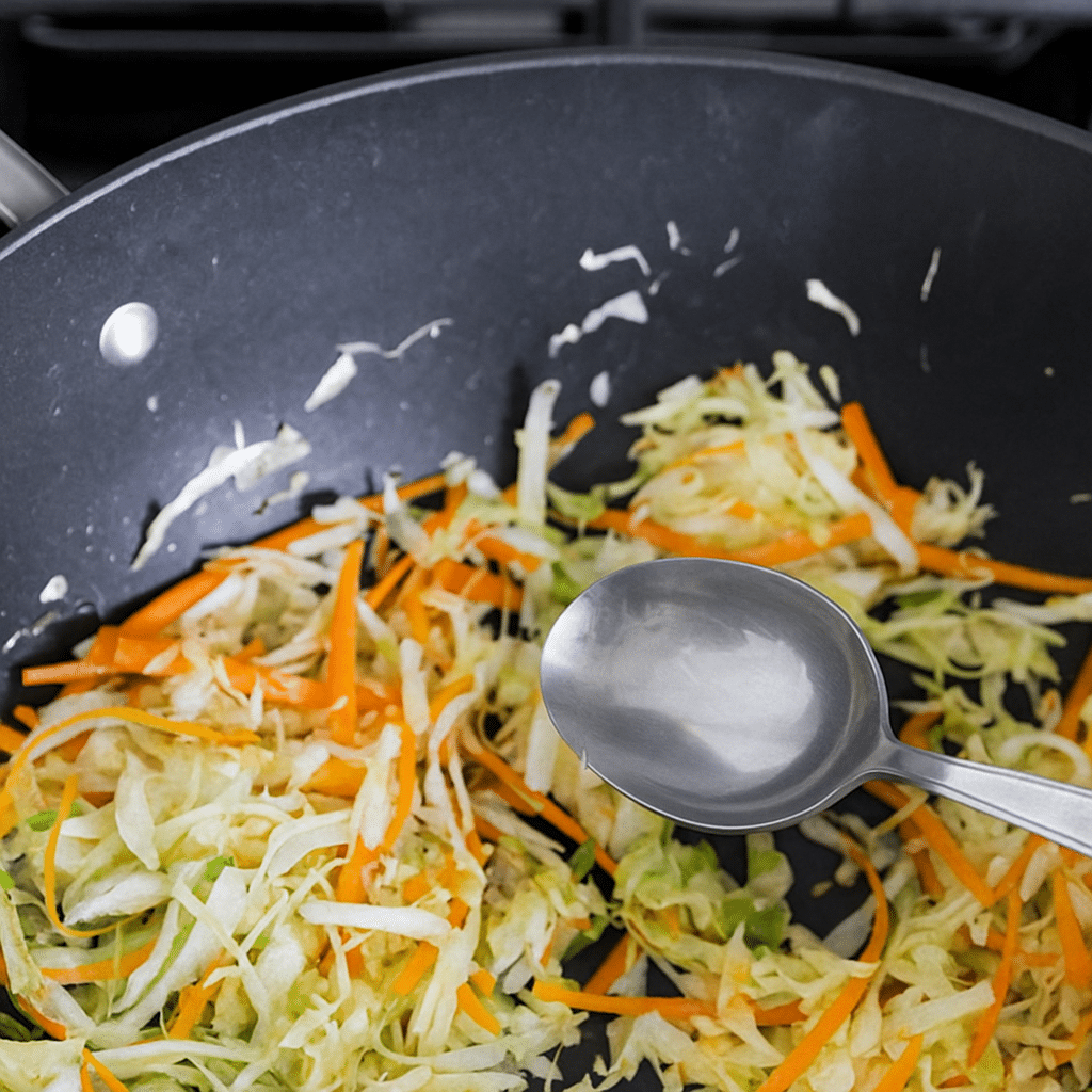 stir-frying egg roll filling