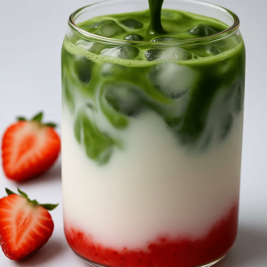 Strawberry matcha latte in clear glass