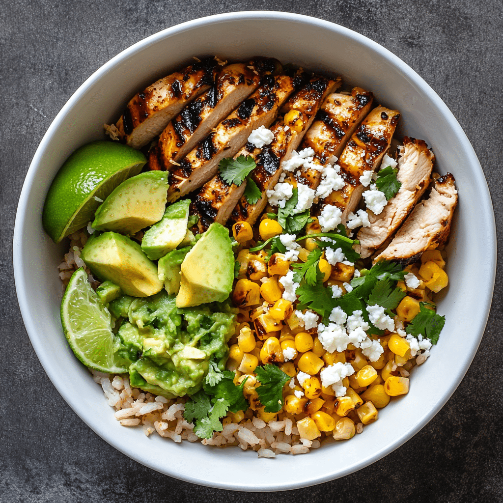 served street corn chicken rice bowl