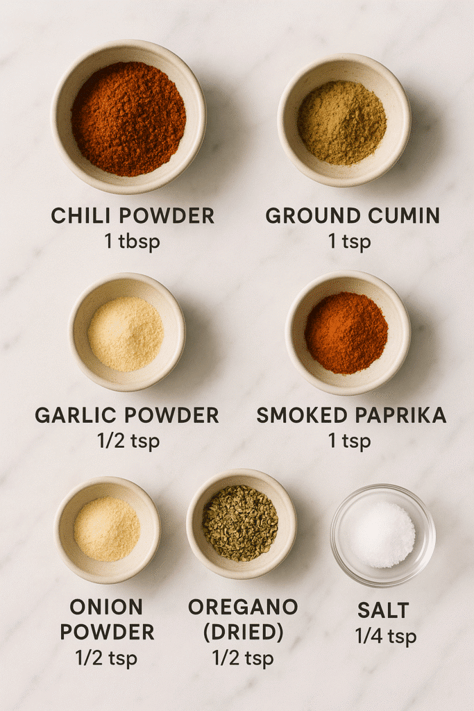 Taco seasoning ingredients in small bowls