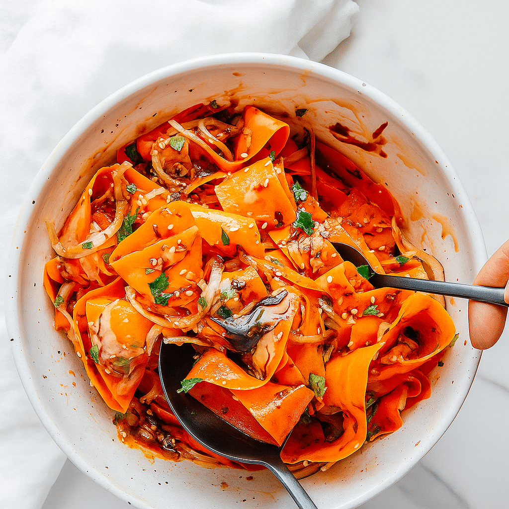 Tossed carrot ribbon salad in mixing bowl