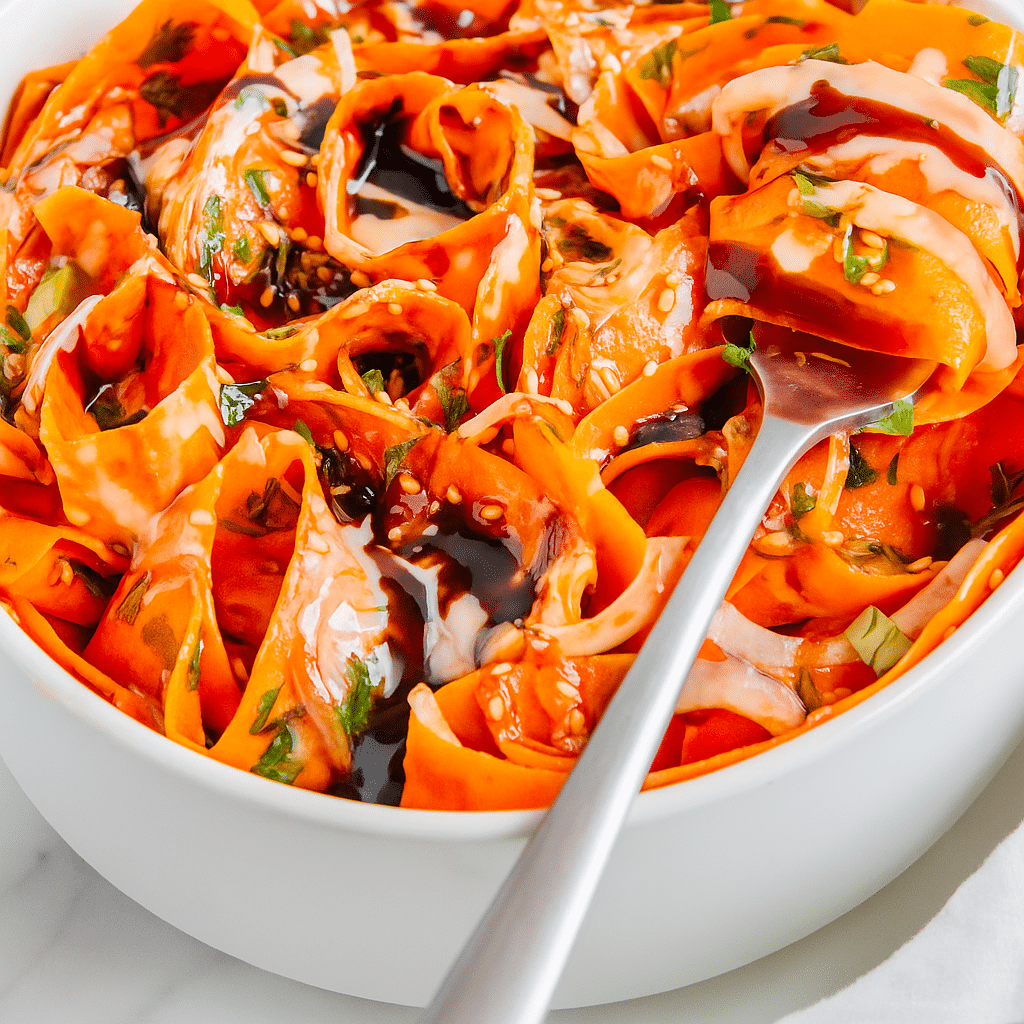 Tossed carrot ribbon salad in mixing bowl