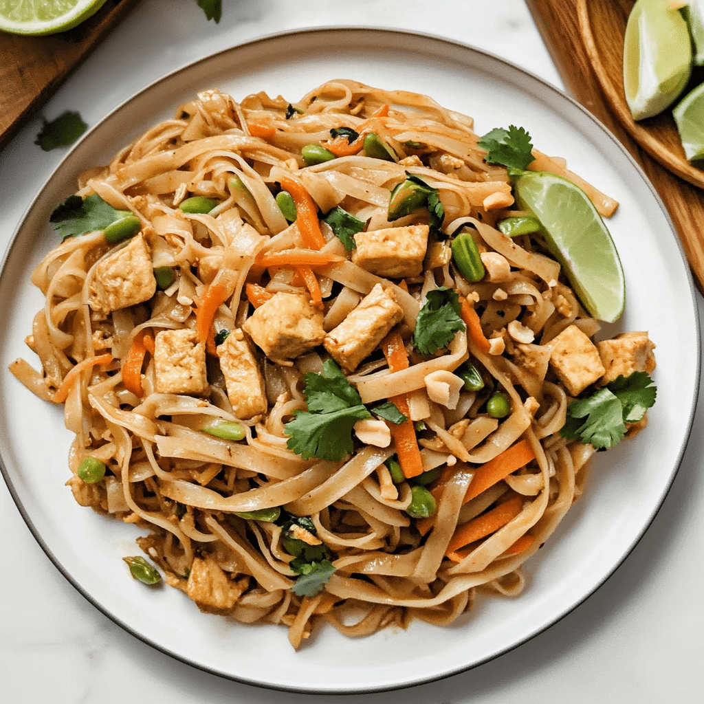 vegan pad thai served with tofu and lime