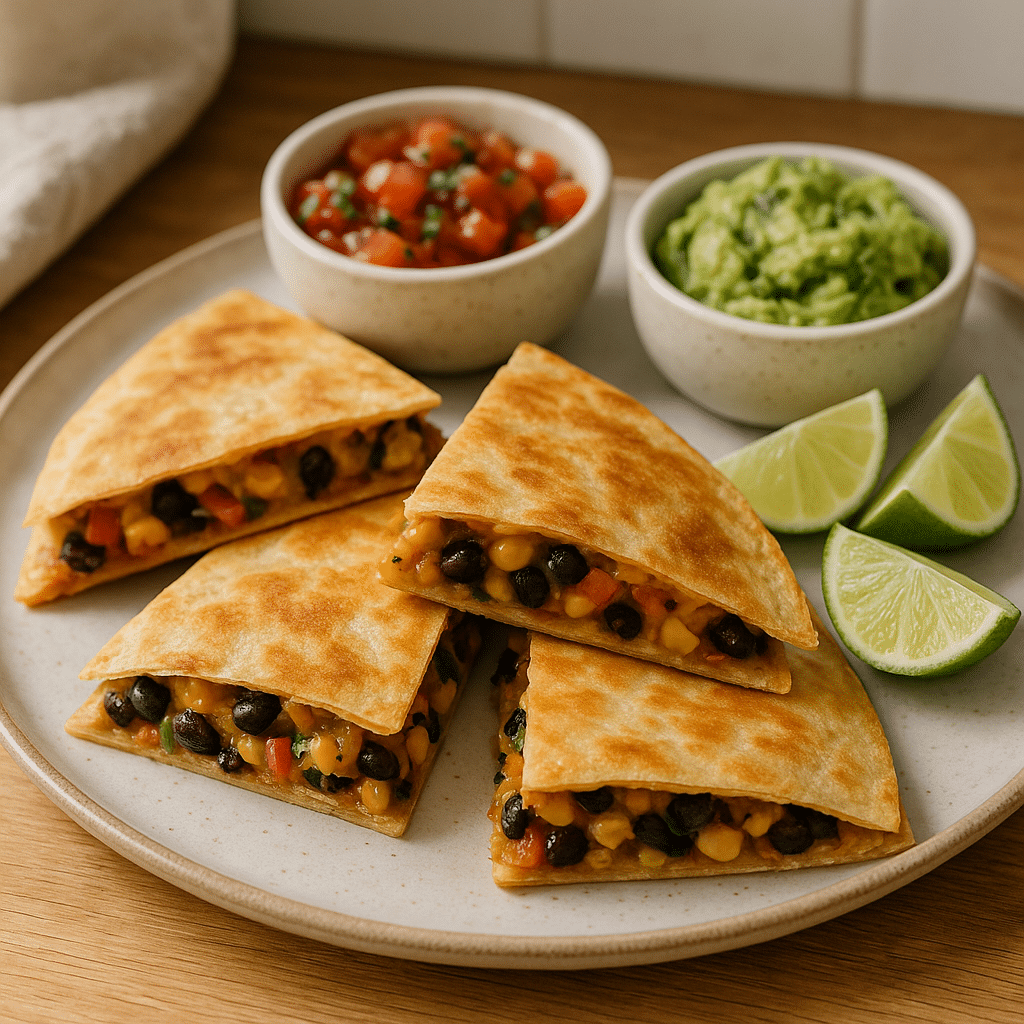 Served vegan sheet pan quesadillas on plate