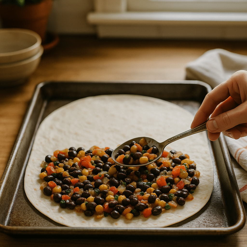 Spreading filling on vegan sheet pan quesadillas