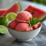 Watermelon sorbet in bowl with lime and mint