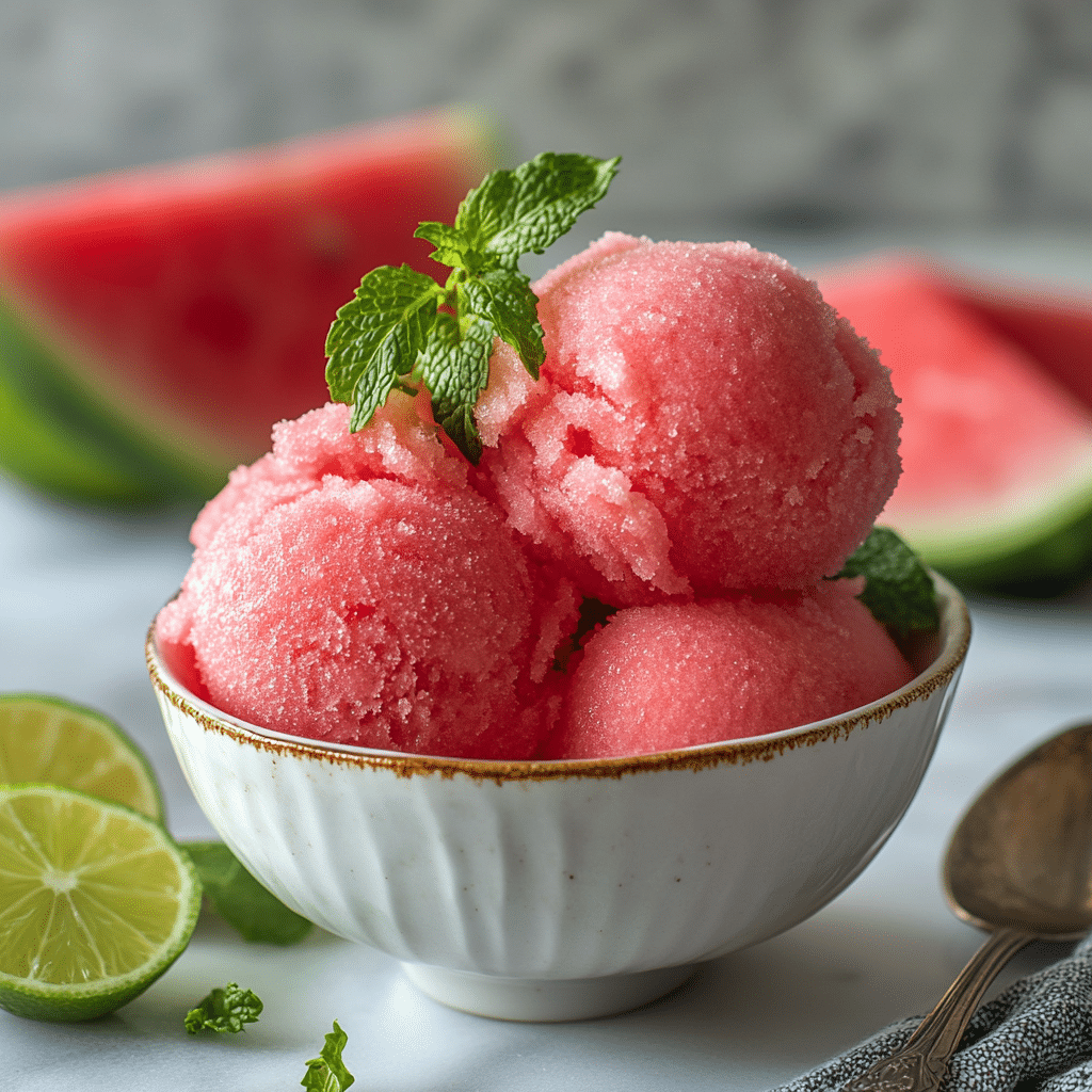 Watermelon sorbet scooped and ready to serve