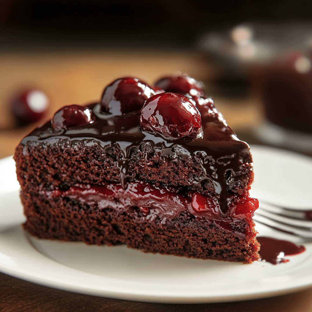 2-ingredient cherry chocolate cake on a plate
