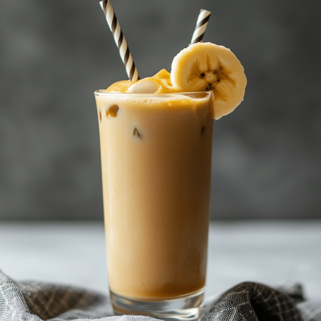 iced banana coffee served with banana garnish