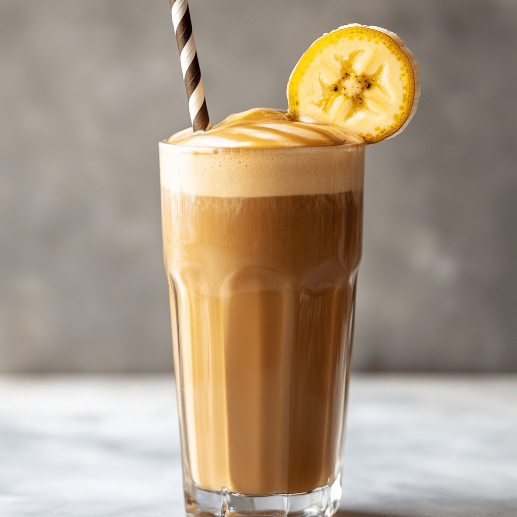 iced banana coffee served with banana garnish