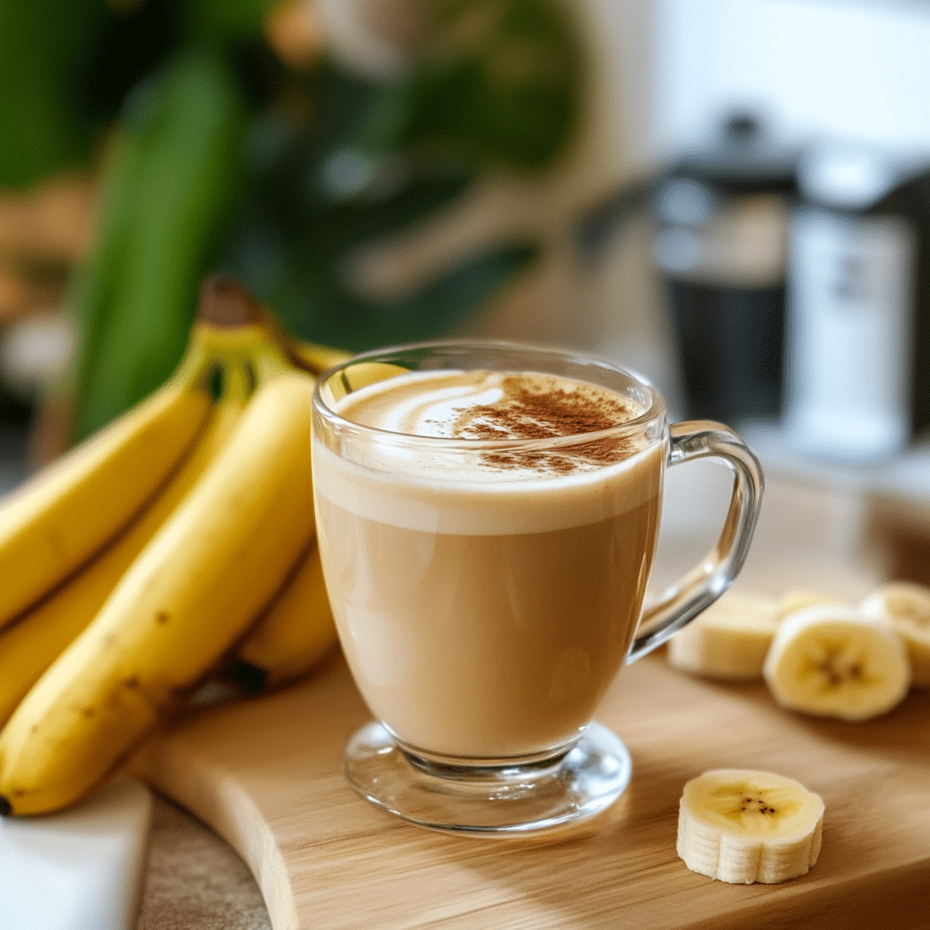 banana coffee in glass mug on table