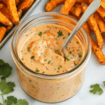 Bang bang sauce in a jar with tacos and fries