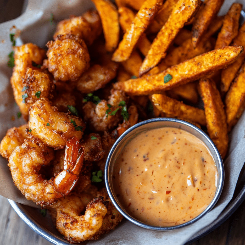 Bang bang sauce served with shrimp and fries
