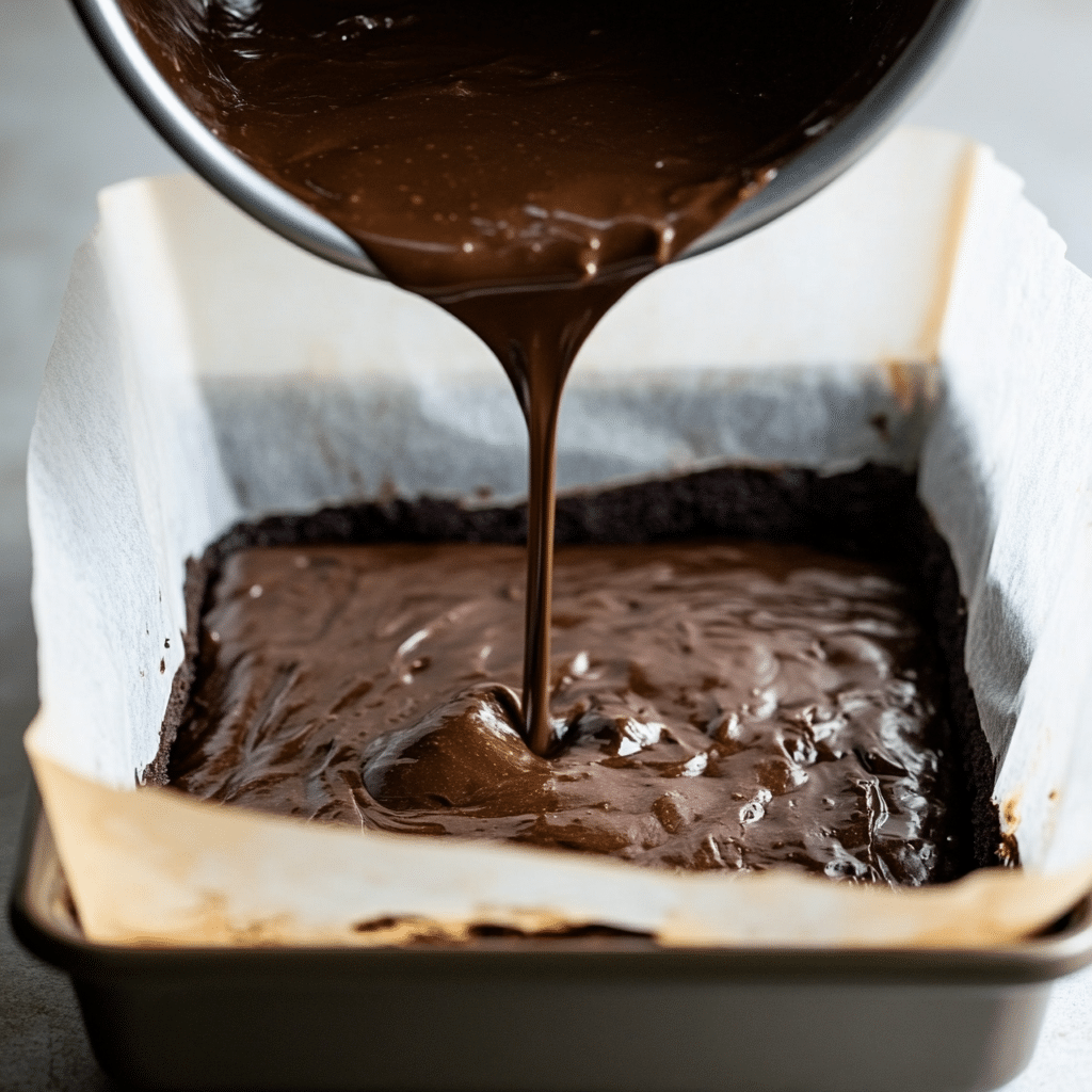 Pouring brownie batter in pan