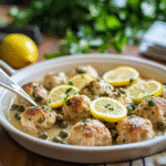 Chicken piccata meatballs on a serving plate