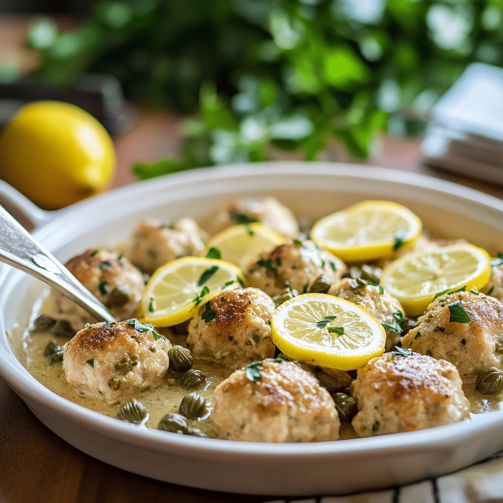Chicken piccata meatballs on a serving plate