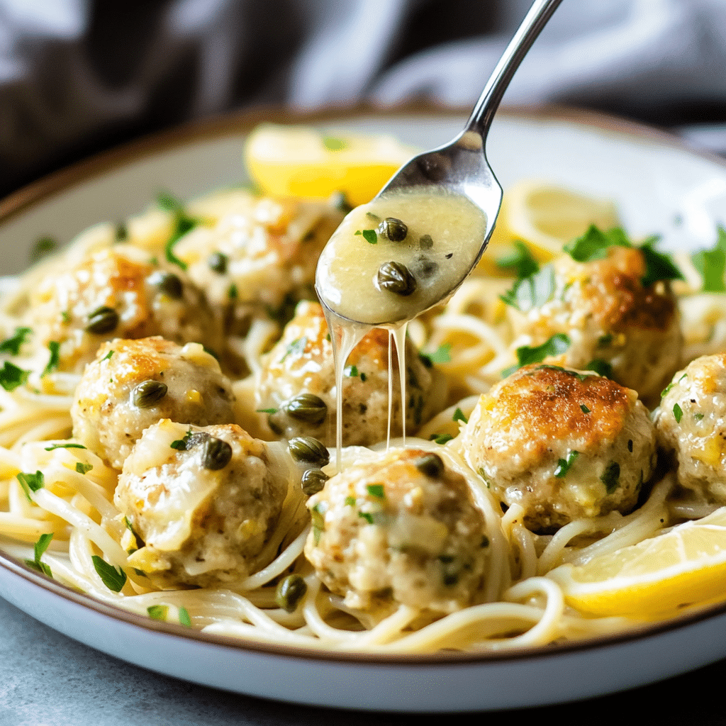 Chicken piccata meatballs over pasta