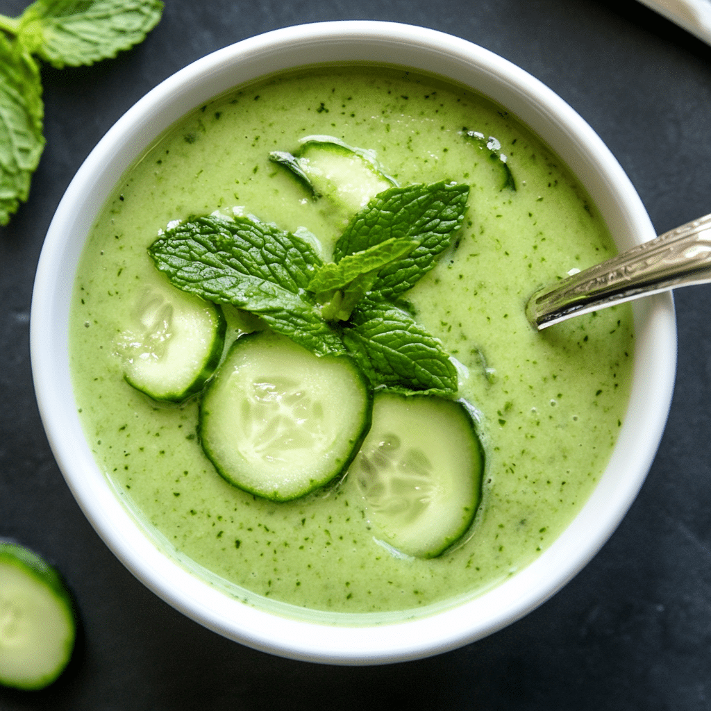 Cold Cucumber Mint Soup served chilled with fresh mint