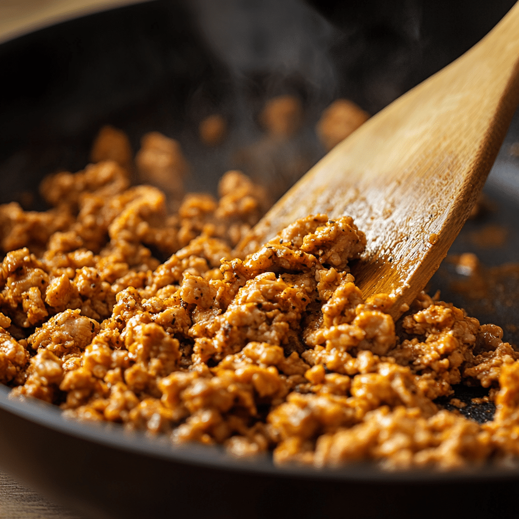 seasoned ground chicken cooking in skillet