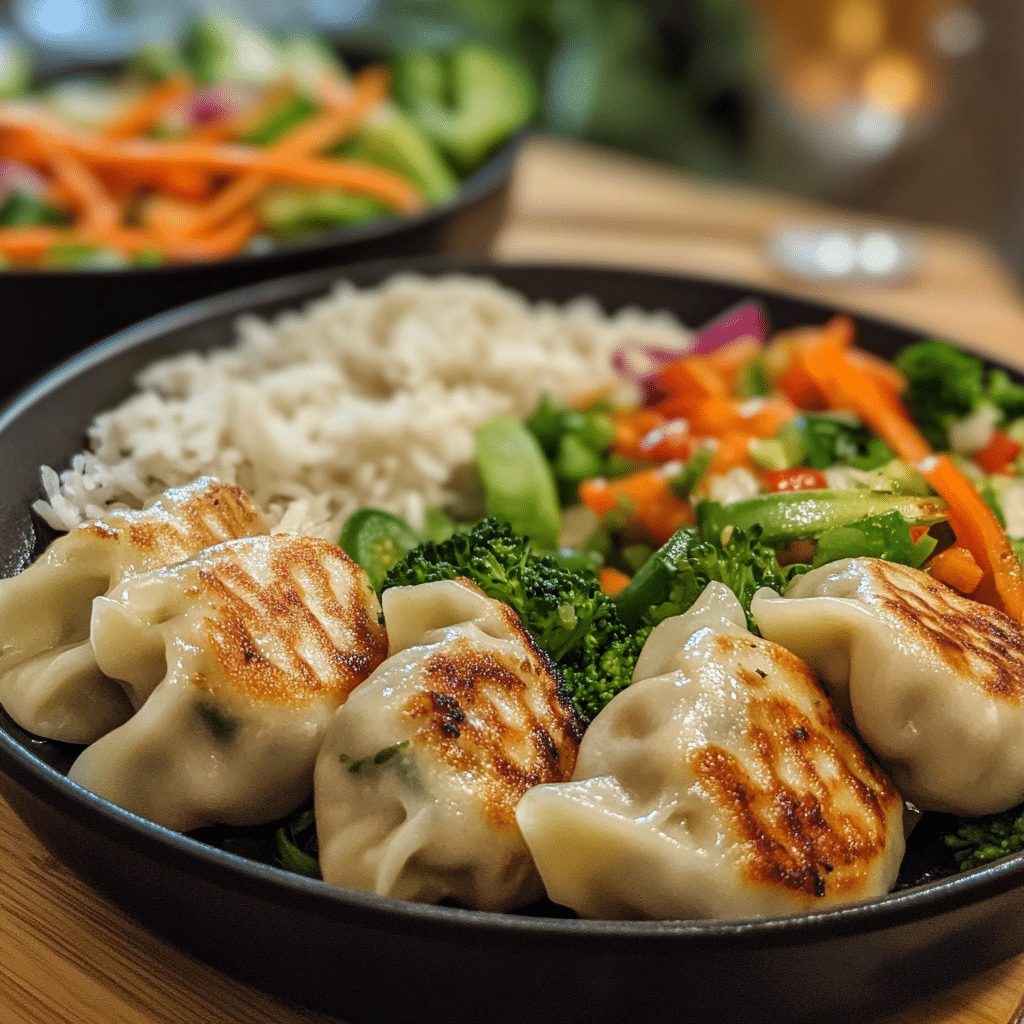Viral one pan dumplings recipe served with rice and salad sides
