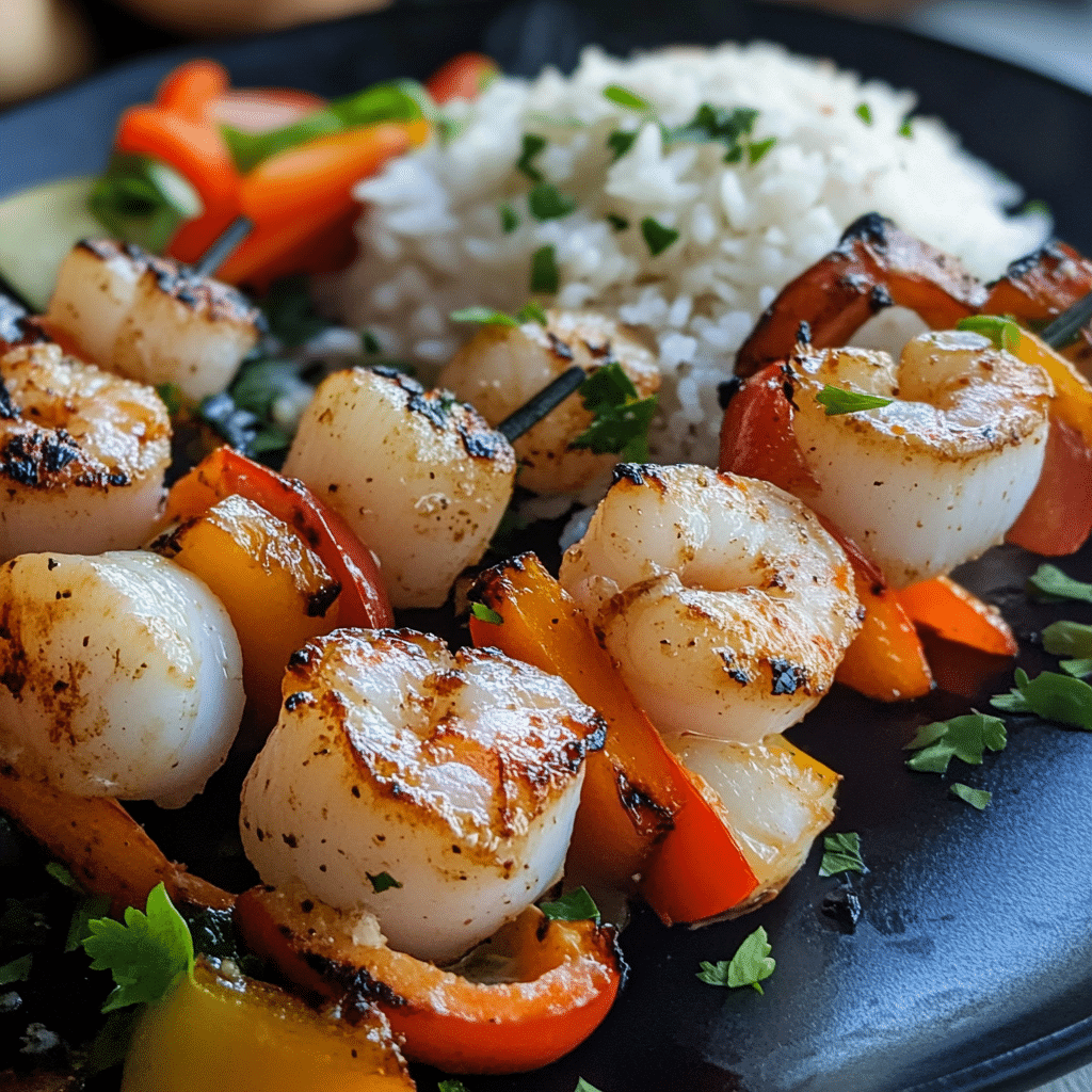 Grilled Patagonian scallops skewers with shrimp