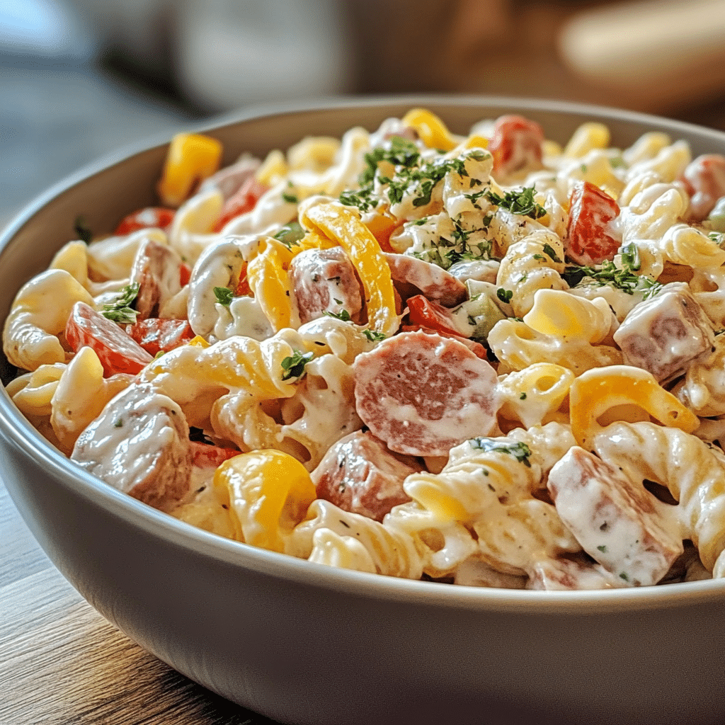 grinder pasta salad in bowl with meats and cheese