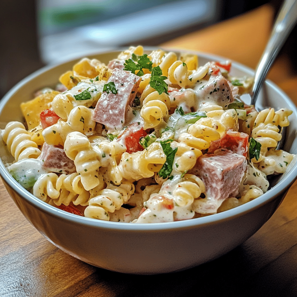 grinder pasta salad in bowl with meats and cheese