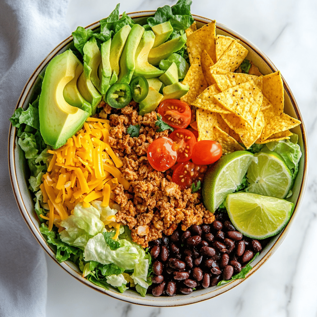 ground chicken taco salad in a serving bowl