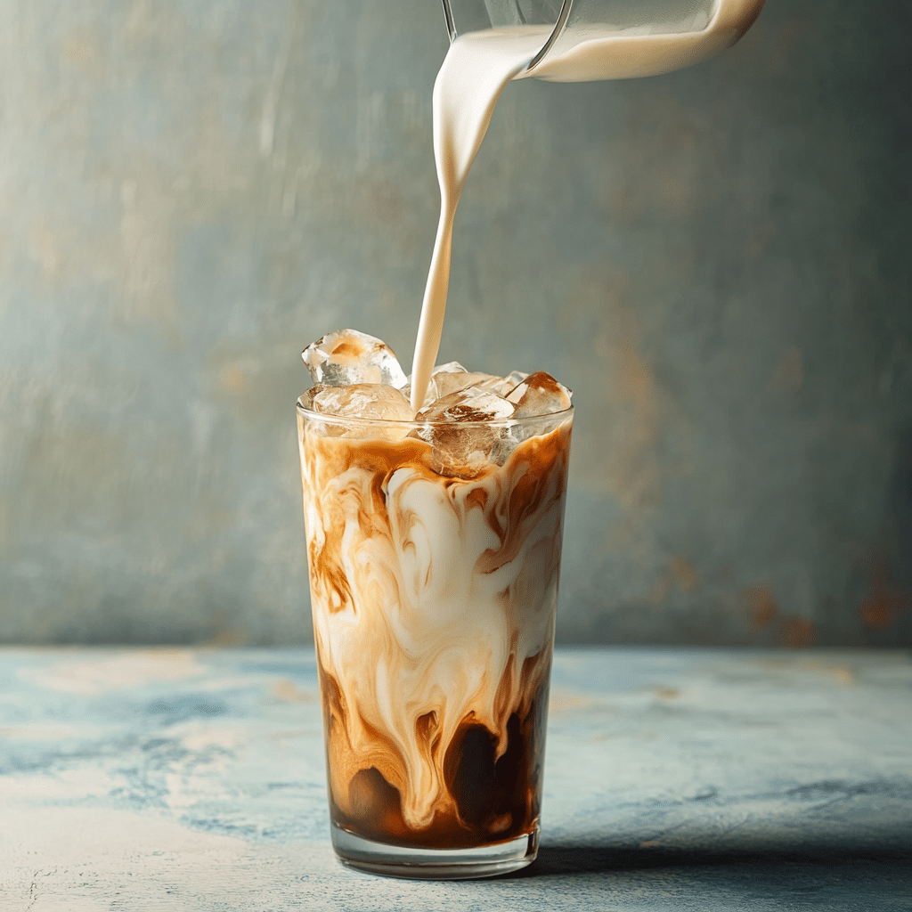 pouring milk into iced cherry chai latte