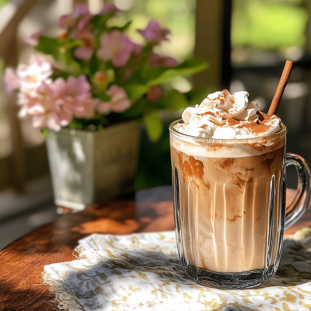 served iced cherry chai latte with whipped cream