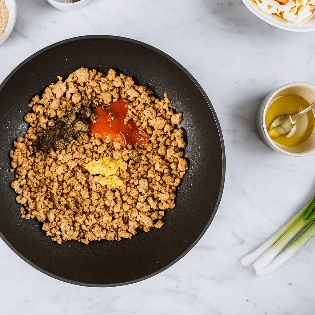 Cooking keto egg roll in a bowl in skillet