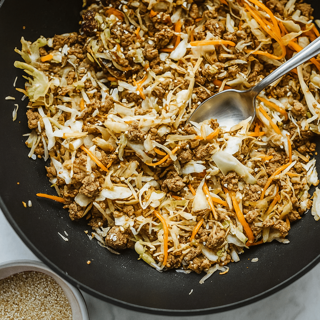 Cooking keto egg roll in a bowl in skillet