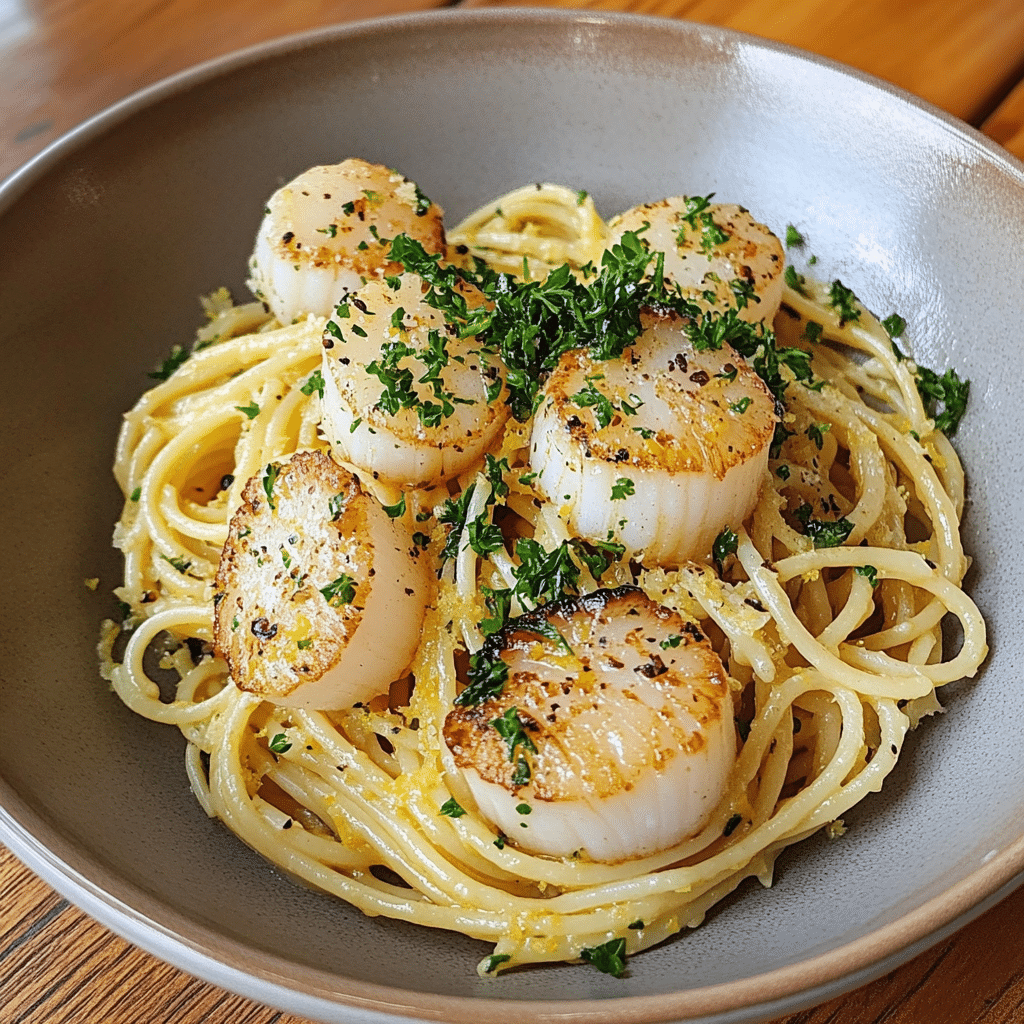 Lemon garlic pasta with Patagonian scallops recipe