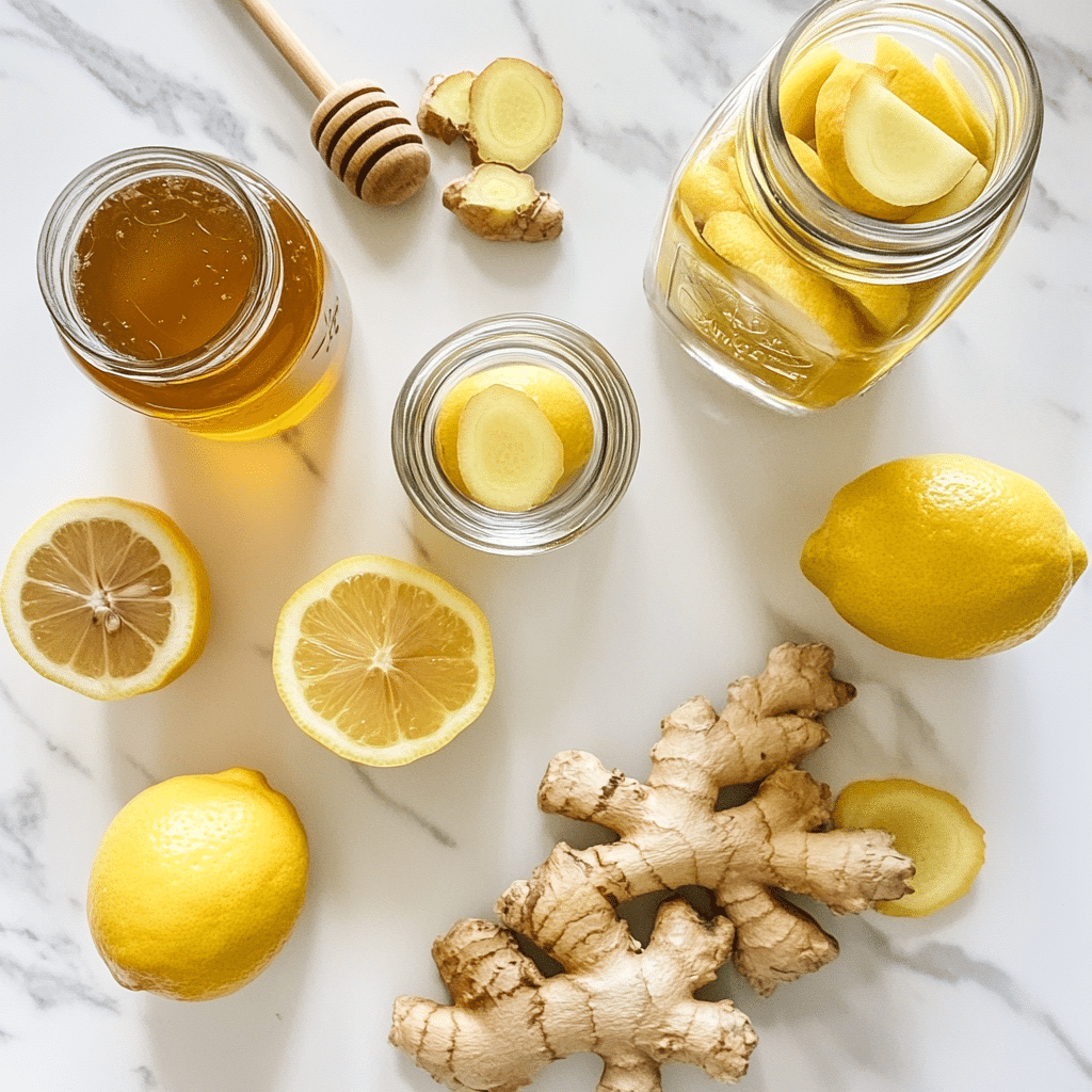 Lemon Ginger Ferment Ingredients Flat Lay