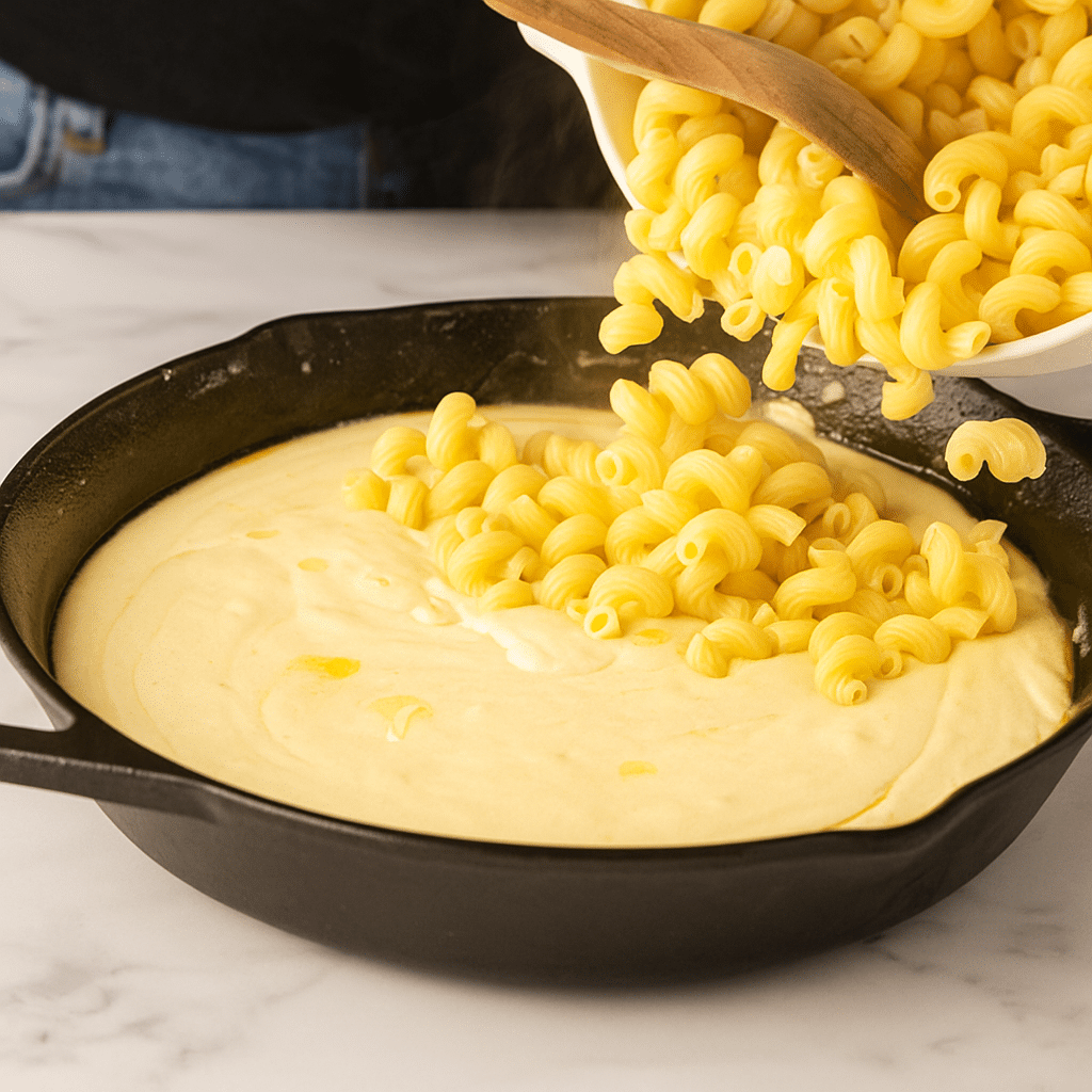 mac and cheese mixture in cast iron pan
