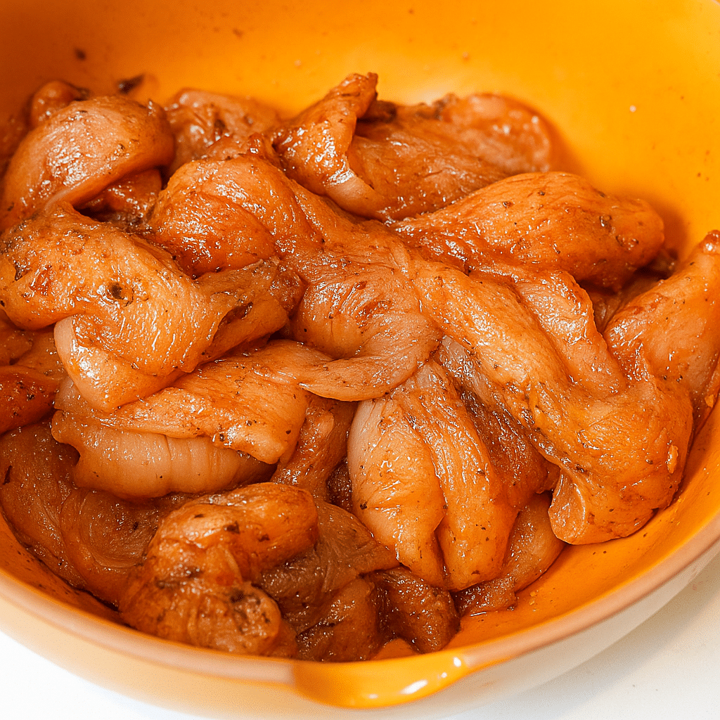 marinated jerk chicken strips in bowl for rasta pasta recipe