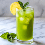 Matcha Lemonade in a glass with lemon and mint