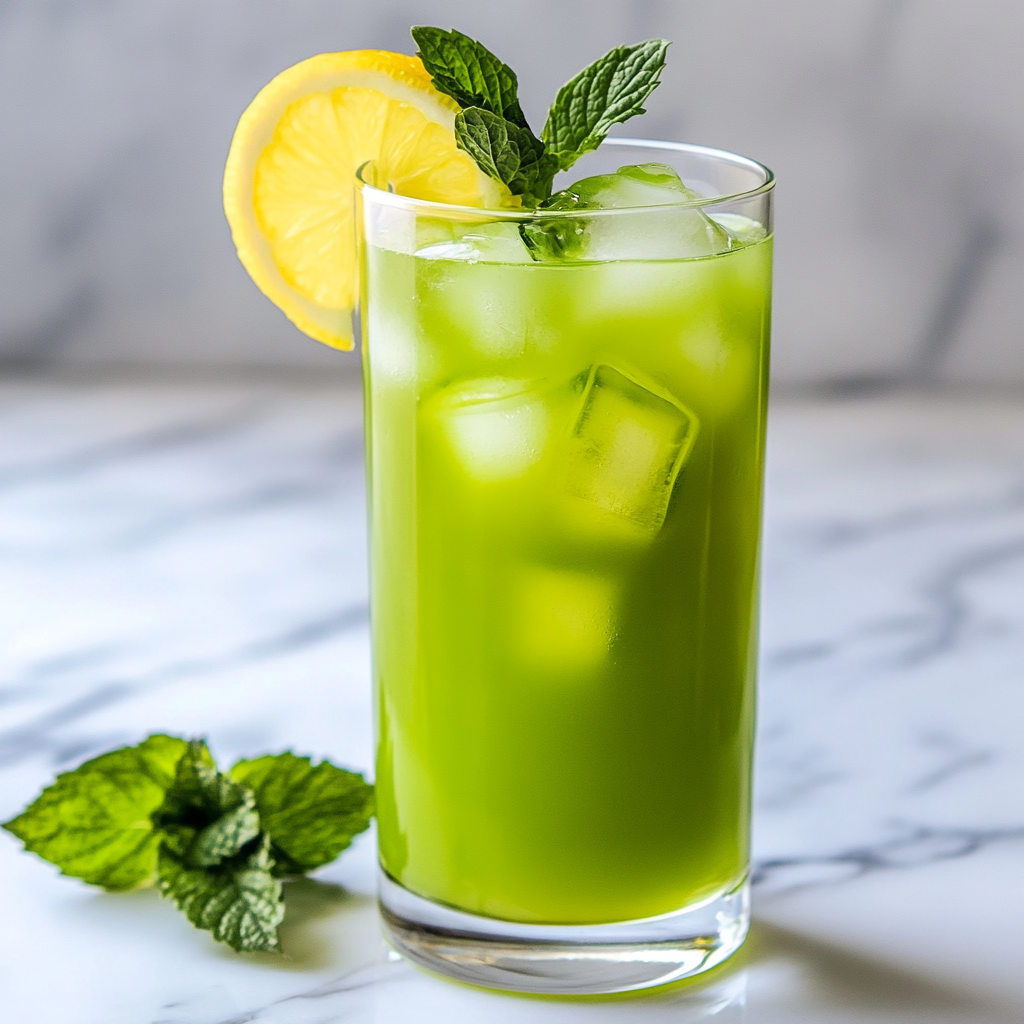 Matcha Lemonade in a glass with lemon and mint