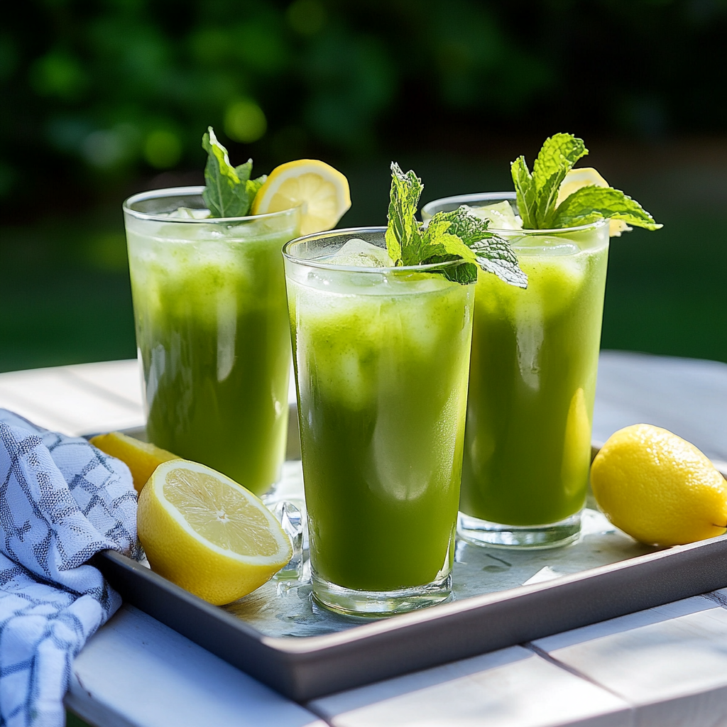 Served Matcha Lemonade on a tray outdoors