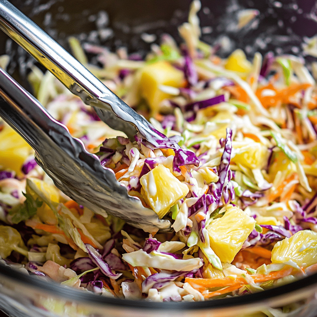 Mixing pineapple coleslaw in bowl