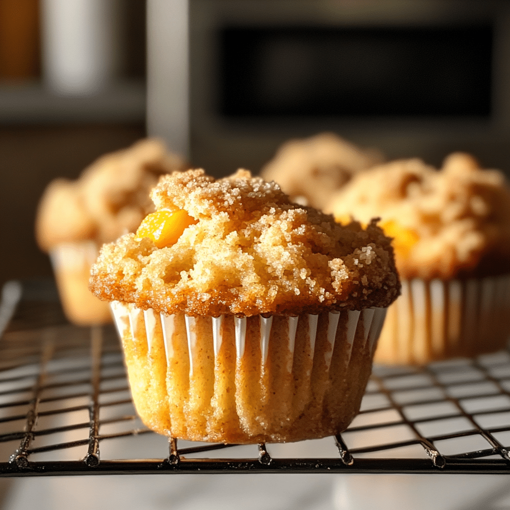 peach crumb muffins cooling on rack