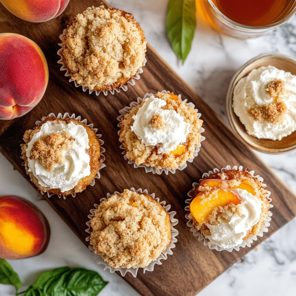 peach crumb muffins served on board