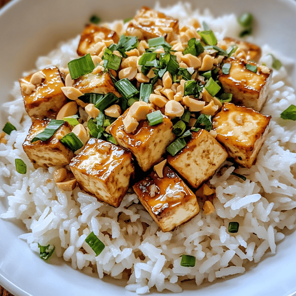 Peanut Tofu with Coconut Rice served in bowl