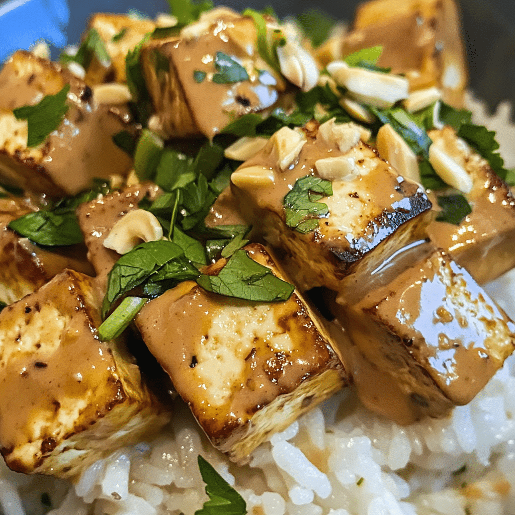 Peanut Tofu with Coconut Rice served in bowl