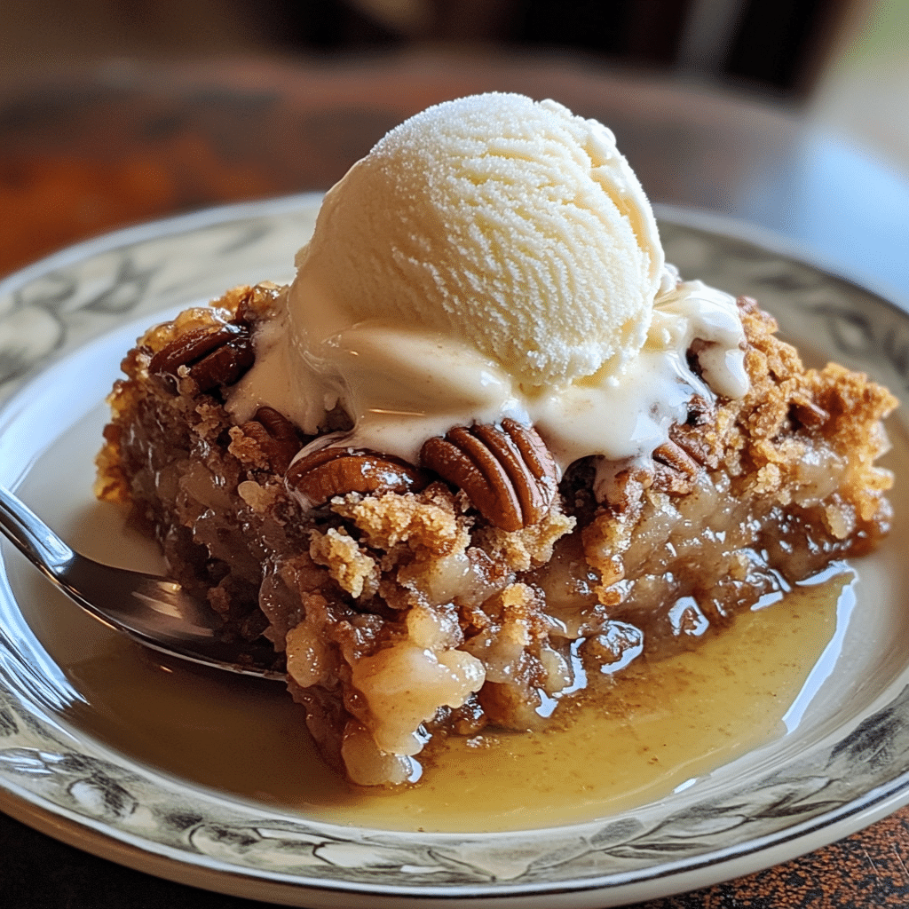 Pecan dump cake with vanilla ice cream