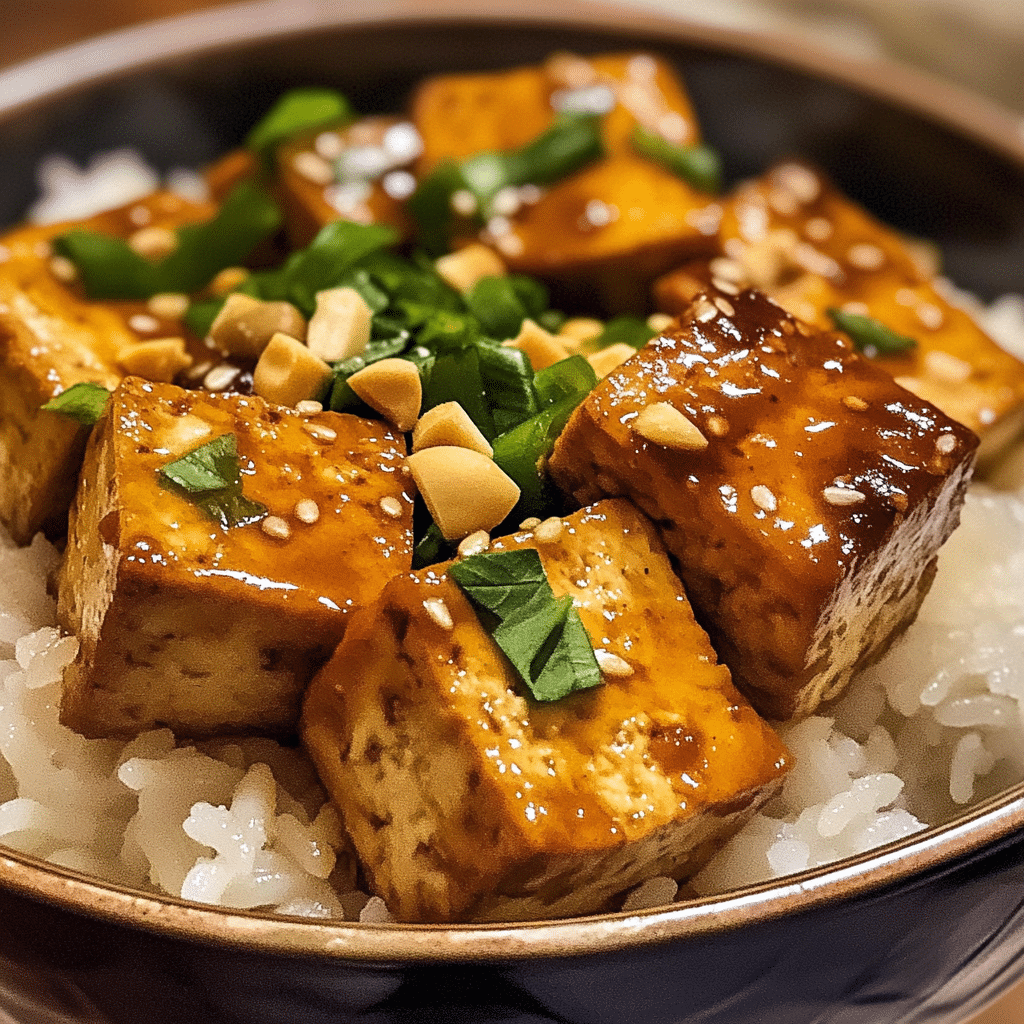 Plated Peanut Tofu with Coconut Rice ready to serve