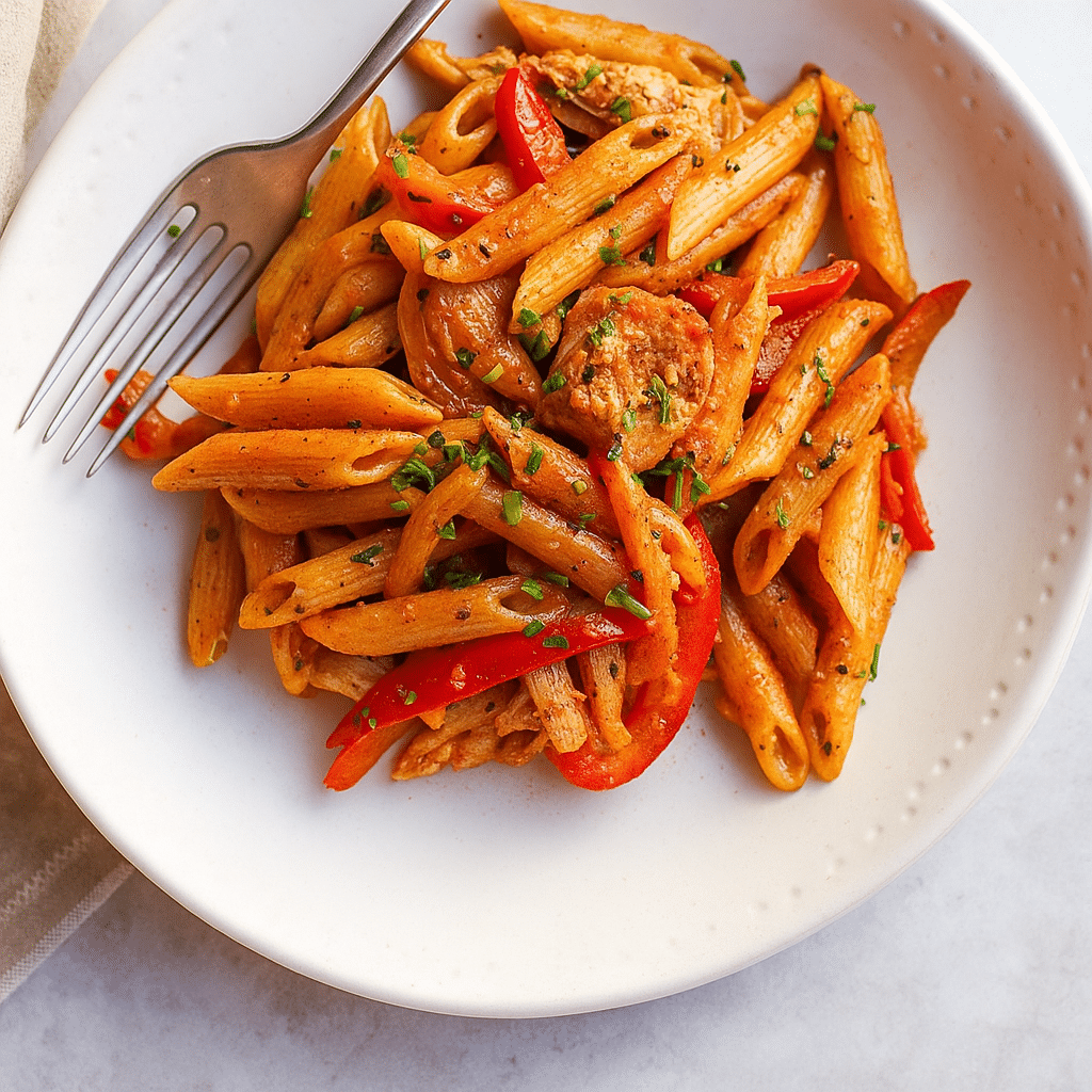 plated rasta pasta with jerk chicken and bell peppers