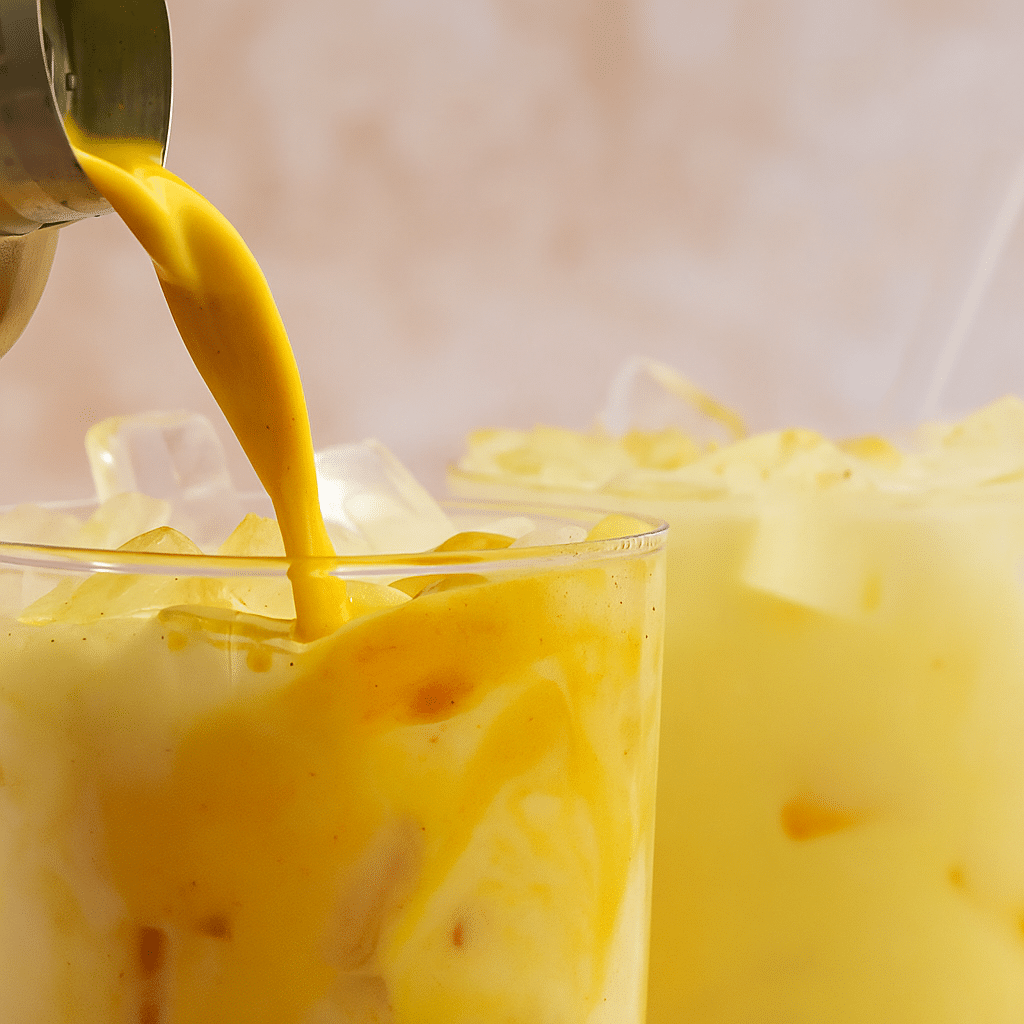 Pouring Iced Golden Milk Latte over ice